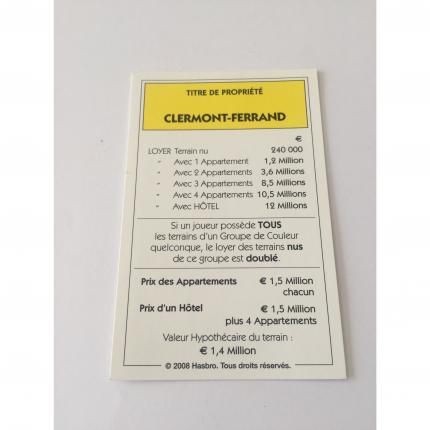 Titre de propriété Clermont-Ferrand pièce détachée jeu de société Monopoly France Hasbro Parker