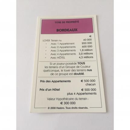 Titre de propriété Bordeaux pièce détachée jeu de société Monopoly France Hasbro Parker