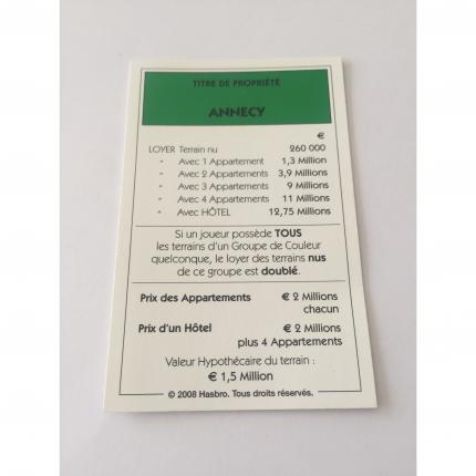 Titre de propriété Annecy pièce détachée jeu de société Monopoly France Hasbro Parker