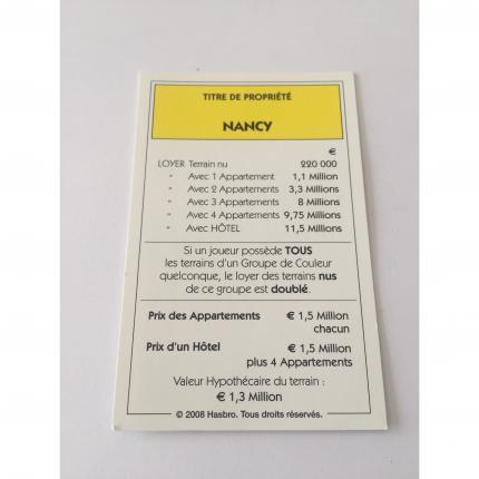 Titre de propriété Nancy pièce détachée jeu de société Monopoly France Hasbro Parker